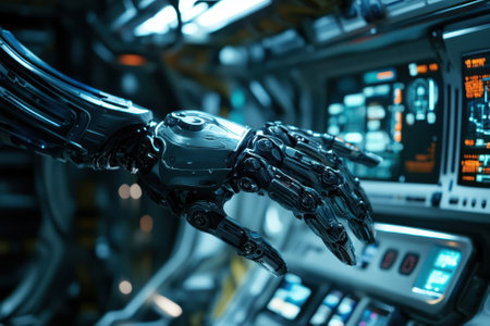 A sleek robotic hand reaches out to engage with a high-tech control panel inside a spacecraft.の写真素材