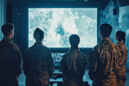 Group of military members attentively watching a vivid display during an important training session.の写真素材