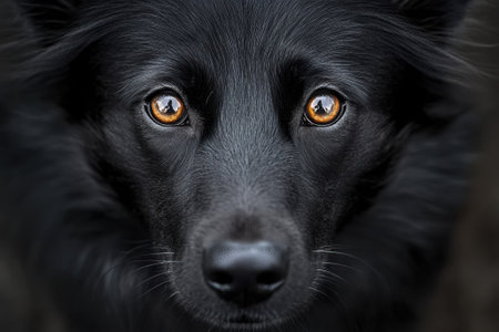 A black dog with striking amber eyes looks intently at the camera, showing its expressive features.の写真素材