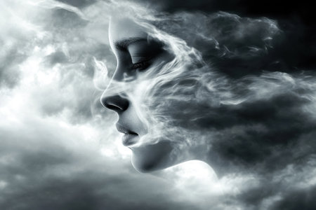 A woman's profile blends seamlessly with swirling smoke, creating an enigmatic and dreamlike appearance.の写真素材