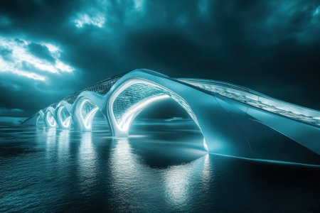 A stunning bridge with sleek arches glows under an evening sky reflecting in calm waters.の写真素材