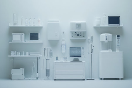 A variety of white medical devices is displayed in an organized manner within a clinical setting.の写真素材