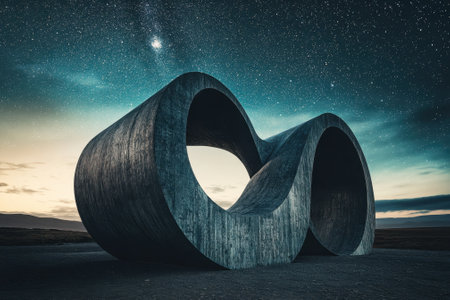 A striking modern sculpture sits against a clear night sky filled with stars, showcasing a unique design.の写真素材