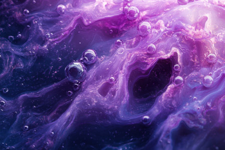 Swirling patterns in purple hues with floating bubbles create an intriguing abstract composition.の写真素材