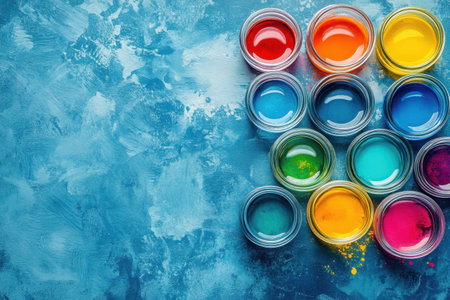 Various paint jars filled with vibrant colors are neatly arranged on a textured blue surface, inspiring creativity.の写真素材