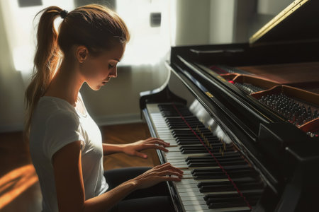 A young woman focuses on playing a piano in a bright room filled with warm sunlight.の写真素材