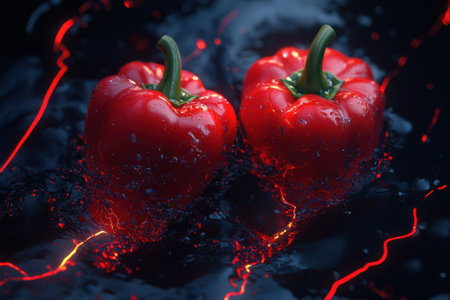 Two vibrant red bell peppers float in water, illuminated by dynamic swirling red light against a dark backdrop.の写真素材