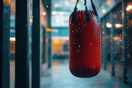 A vibrant red punching bag sways gently into a modern gym while droplets create a unique atmosphere.の写真素材