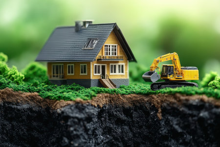 A small model house sits next to an excavator on green grass in bright daylight.の写真素材