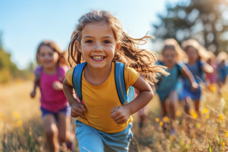 A group of kids runs happily in a sunny field, enjoying a carefree summer day filled with laughter.の写真素材
