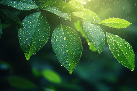 Raindrops rest on vibrant green leaves in a calm forest shortly after a gentle rain shower.の写真素材
