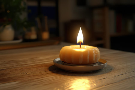 Flickering candlelight illuminates a room, adding warmth and tranquility to the cozy indoor setting.の写真素材