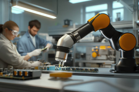 Engineers work alongside a robotic arm to assemble electronic components in a high-tech labの素材