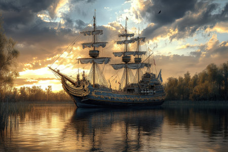 A majestic ship sails quietly on tranquil waters as the sun sets, casting a warm glow through clouds.の写真素材