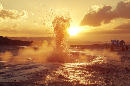 A geyser erupts dramatically at sunset, sending water and steam into the air against a golden sky.の写真素材