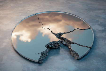 A cracked mirror showcases a cloudy sky, resting on a smooth surface, revealing a blend of art and nature.の写真素材
