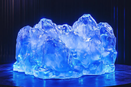Beautiful ice sculpture has captivating blue lighting that highlights its unique shapes and textures.の素材