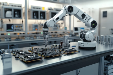 A robotic arm is carefully placing components onto circuit boards in a modern electronics lab.の写真素材
