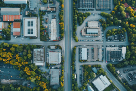 Aerial view of a suburban commercial area featuring warehouses, parking lots, and tree-lined streets.の写真素材