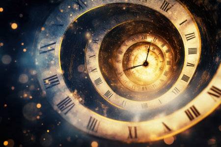 A spiraling clock design with Roman numerals emanating a warm glow, symbolizing the passage of time.の写真素材