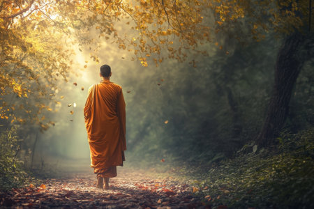 A monk in orange robes strolls through a forest path covered in golden autumn leaves, evoking tranquility.の写真素材