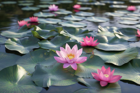 Lotus flowers showcase their vivid petals amidst green lily pads in a tranquil pond on a sunny day.の写真素材