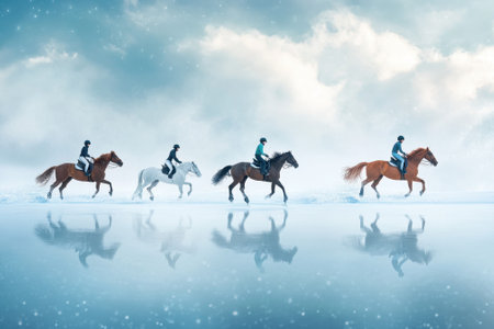 Four riders on horses slowly traverse a reflective water surface beneath a cloudy sky, creating a tranquil scene.の写真素材