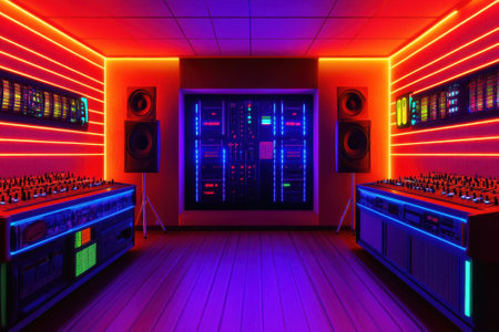 A sound studio features colorful neon lights and high-tech audio equipment, creating a lively atmosphere.の写真素材