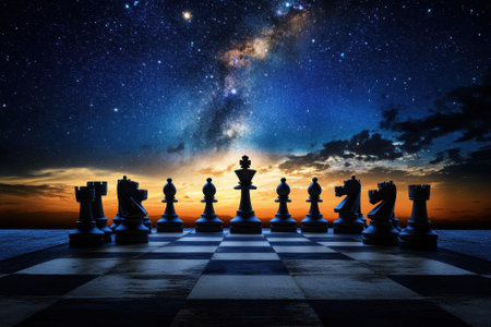 A chessboard with black pieces contrasts against a vibrant sunset and starry sky, creating a captivating scene.の写真素材
