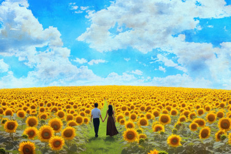 Surrounded by vibrant sunflowers, a couple strolls peacefully on a sunny day, enjoying nature together.の写真素材