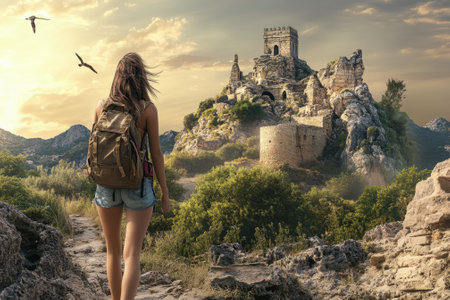 A traveler walks towards historic ruins surrounded by lush greenery under a vibrant sunset sky.の写真素材