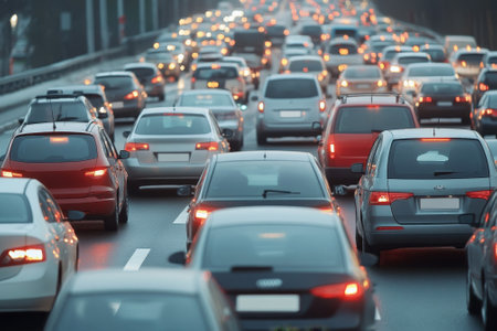 Vehicles are packed closely together on a congested urban highway during the evening rush hour.の写真素材