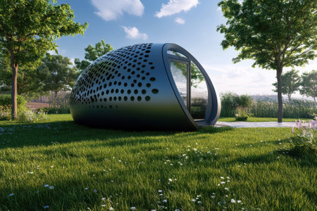 A contemporary pod sits in a lush green space, surrounded by trees and blooming flowers under a clear sky.の写真素材