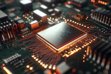 A detailed view of a circuit board captures the complexity of electronic components and glowing connections.の写真素材
