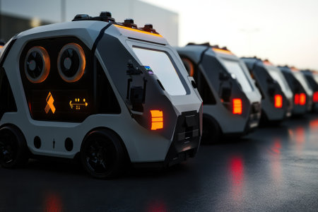 A row of innovative delivery robots stands ready for action as the sun sets, highlighting their modern design.の写真素材