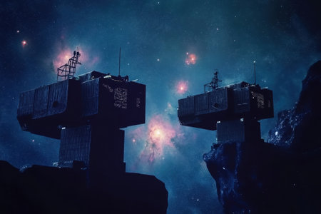 Two massive structures stand on a rocky surface, glowing under a star-filled sky surrounded by colorful nebulae.の写真素材