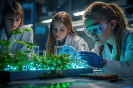 Three students in lab coats conduct an experiment with glowing plants and glassware in a laboratory.の写真素材