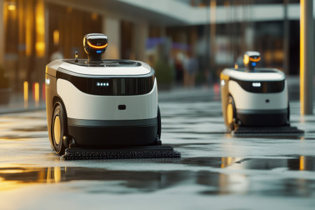 Two delivery robots navigate a wet city street at sunset, showing advanced technology in urban logistics.の写真素材