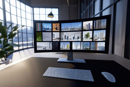 A modern workspace features a curved monitor showcasing various cityscapes with natural lighting from large windows.の写真素材