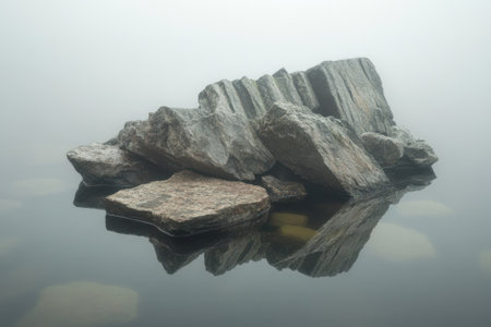 Fog blankets the lake, highlighting a unique rock formation that mirrors in still waters.の写真素材