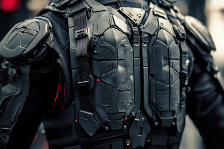 A detailed view of advanced tactical armor with high-tech features at a technology showcase event.の写真素材