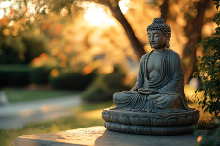 A carved Buddha statue sits peacefully in a lush garden as warm sunlight filters through the trees.の写真素材