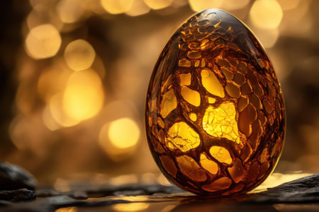 A stunning golden egg sculpture displays intricate patterns under soft, warm lighting, enhancing its beauty.の写真素材