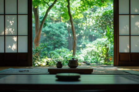 A peaceful room opens up to a lush garden, inviting the tranquility of nature inside as tea rests on the table.の写真素材