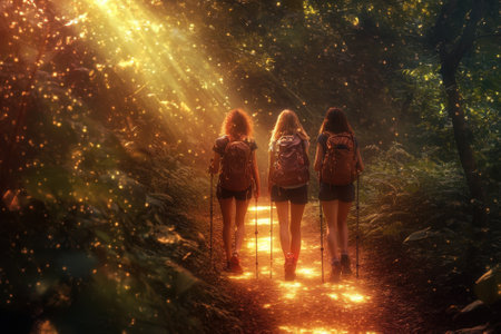 Three friends hike along a beautiful forest trail illuminated by sunlight filtering through trees.の写真素材
