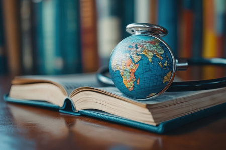 A globe depicting Africa and Europe is placed on an open book with a stethoscope in a quiet library.の写真素材