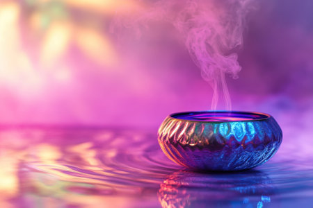 A metallic bowl releases steam, surrounded by colorful ambient light creating a magical feeling.の写真素材