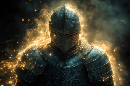 A knight clad in ornate armor stands amidst swirling golden mist and sparks, exuding power and mystery.の写真素材