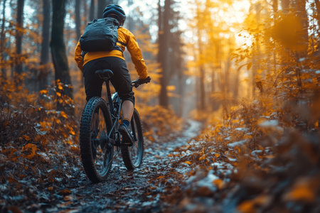 A cyclist rides a muddy path surrounded by vibrant autumn foliage during sunset.の写真素材