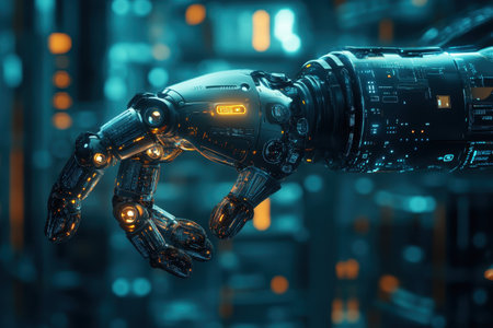 A robotic hand extends towards the viewer in a vibrant, tech-filled setting, showcasing advanced design.の写真素材